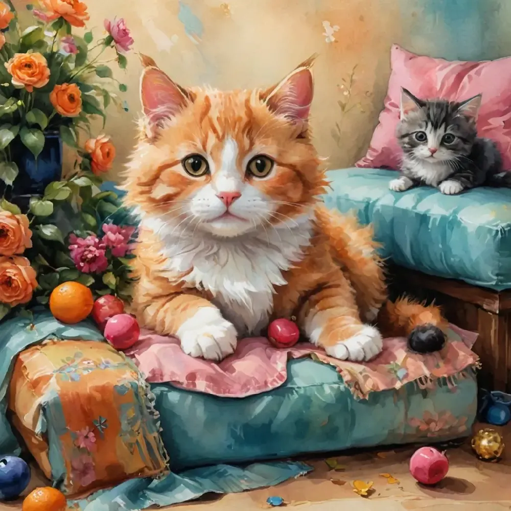 Cute kitten on couch and a cat sitting on a pillow